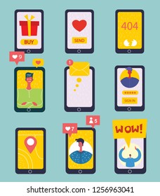 Set of smartphones with new message on screen. Chat, email messaging, sms, mobile concepts for web sites, web banners, printed materials. Modern flat design vector illustration 