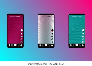 Set of smartphones in popular social media colors. Mobile app screen template. Set of icons for social networking and blogging. EPS10