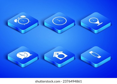 Set Smartwatch, Alarm clock, Retro wall, Clock speech bubble,  and Location with icon. Vector