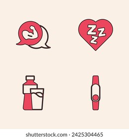 Set Smartwatch, Bodybuilder muscle, Sleepy and Bottle of water with glass icon. Vector