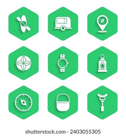 Set Smartwatch, Camping pot, Sausage on the fork, lantern, Compass, Wind rose,  and Kayak canoe icon. Vector