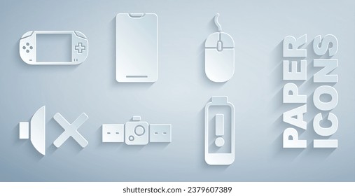 Set Smartwatch, Computer mouse, Speaker mute, Battery charge level indicator, Smartphone, mobile phone and Portable video game console icon. Vector