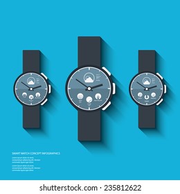 Set of smartwatch displays with applications icons for fitness trackers, messages and emails. Eps10 vector illustration.