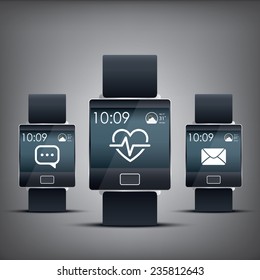 Set of smartwatch displays with applications icons for fitness trackers, messages and emails. Eps10 vector illustration.