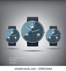 Set of smartwatch displays with applications icons for fitness trackers, messages and emails. Eps10 vector illustration.