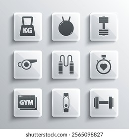 Set Smartwatch, Dumbbell, Heart in the center stopwatch, Jump rope, Online fitness and training, Whistle, Weight and  icon. Vector