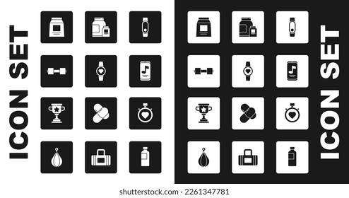 Set Smartwatch, Dumbbell, Sports nutrition, Music player, Heart in the center stopwatch and Award cup icon. Vector