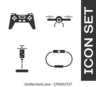Set Smartwatch, Gamepad, Syringe and Drone flying icon. Vector