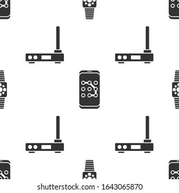 Set Smartwatch, Mobile and graphic password protection and Router and wi-fi signal on seamless pattern. Vector