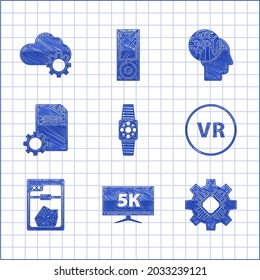 Set Smartwatch, Monitor display with 5k video, Processor, Virtual reality, 3D printer, File document, Human brain as digital circuit board and Cloud technology data transfer and storage icon. Vector