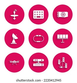 Set Smartwatch, Motion sensor, Computer network, Solar energy panel, Drone flying, Radar, Video graphic card and UAV icon. Vector
