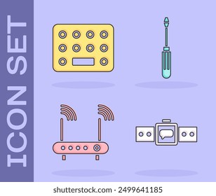 Set Smartwatch, Pills in blister pack, Router and wi-fi signal and Screwdriver icon. Vector