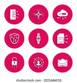 Set Smartwatch, Project team base, Cloud technology data transfer and storage, Sim card, Lock on digital circuit board, Cyber security, Internet of things and Smartphone, mobile phone icon. Vector