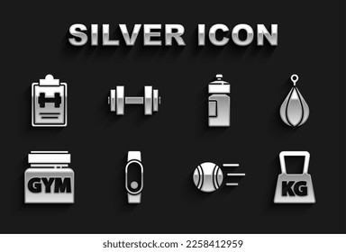 Set Smartwatch, Punching bag, Weight, Tennis ball, Sports nutrition, Fitness shaker, training program and Dumbbell icon. Vector