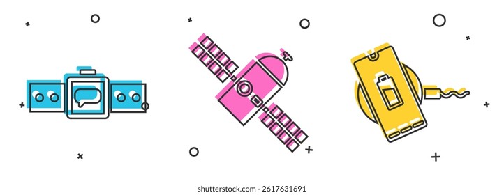 Set Smartwatch, Satellite and Wireless charger icon. Vector