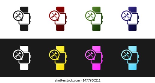 Set Smartwatch with screwdriver and wrench icon isolated on black and white background. Adjusting, service, setting, maintenance, repair, fixing.  Vector Illustration