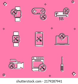 Set Smartwatch service, Gamepad, Air conditioner, Smartphone, Laptop, Video camera and Oven icon. Vector