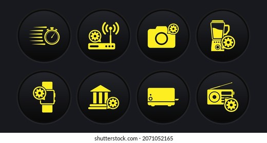 Set Smart watch Einstellung, Blender mit Schüssel, Bank Building, Toaster, Foto Kamera und Router und Wi-Fi Icon. Vektorgrafik