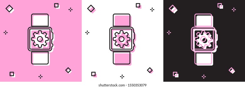 Set Smartwatch setting icon isolated on pink and white, black background. Smart watch settings.  Vector Illustration