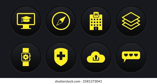 Set Smartwatch setting, Layers, Medical shield with cross, Cloud upload, hospital building and Wind rose icon. Vector