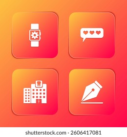 Set Smartwatch setting, Like and heart, Dental clinic and Fountain pen nib icon. Vector