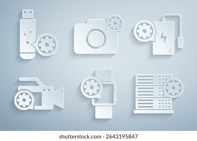 Set Smartwatch setting, Power bank, Video camera, Server, Photo and USB flash drive icon. Vector