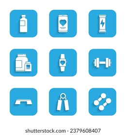 Set Smartwatch, Sport expander, Dumbbell, Step platform, Sports nutrition,  and Fitness shaker icon. Vector