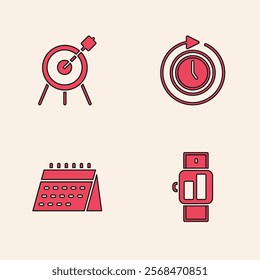 Set Smartwatch, Target sport, Clock with arrow and Calendar icon. Vector
