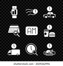 Set Smartwatch, Time flies on the clock, to travel, Delivery time, Magnifying glass with, Food, Calendar search and Morning icon. Vector