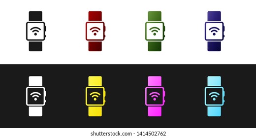 Set Smartwatch with wireless symbol icon isolated on black and white background. Vector Illustration