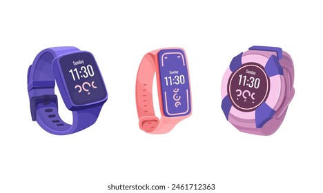 Set of smartwatches in different styles. Vector illustrations of wearable technology with time and health monitoring display. Fitness trackers, smart timepieces collection.