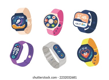 Set of Smartwatches, Modern Electronic Gadgets For Monitoring Health Parameters. Fitness Trackers, Smart Watch Technology Equipment. Devices on Silicone Bracelets. Cartoon Vector Illustration