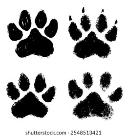 Set of smeared footprint of large dog icon. Collection of old black, traces with jagged edges, mud rubbed footprint ferocious animal running after prey. Hand vector painted with a brush on canvas.