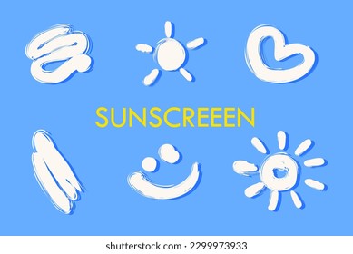 Set of smears of sunscreen cream . Collection of lotion, spray smudges. Swatches of SPF cosmetic products. Sun, heart, smile, stroke shapes. Flat vector illustration - Shutterstock ID 2299973933