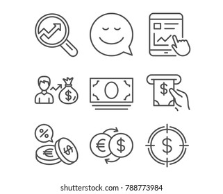 Set of Smile, Cash money and Analytics icons. Sallary, Internet report and Currency exchange signs. Money exchange, Atm service and Dollar target symbols. Chat emotion. Banking currency. Vector