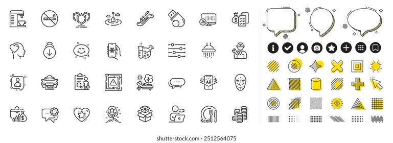 Set of Smile chat, Augmented reality and Flash memory line icons for web app. Design elements, Social media icons. Developers chat, Fishing float, Repairman icons. Vector