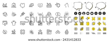 Set of Smile chat, Card and Seo gear line icons for web app. Design elements, Social media icons. Car charging, T-shirt, Brush icons. Wallet, Cooking water, Money tax signs. Vector