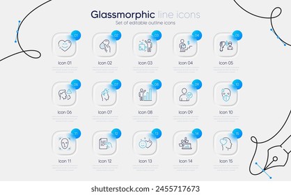 Set of Smile chat, Hold document and Teamwork line icons for web app. Cough, Sick man, Identity confirmed icons. Electronic thermometer, Smile, Face detection signs. Friend, Capsule pill. Vector