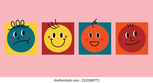 Set of smile comic faces. Hand drawn for kids. Vector illustration