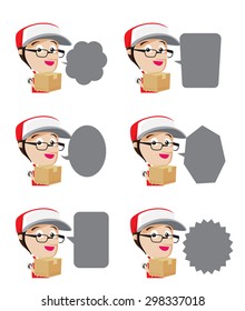 Set of smile delivery man cartoon box in hand with speech bubble, isolated on white background vector illustration eps10