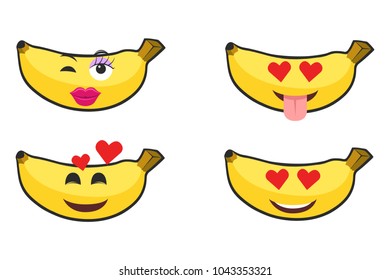 Set smile emoticon face in banana. Cartoon banana emojis 