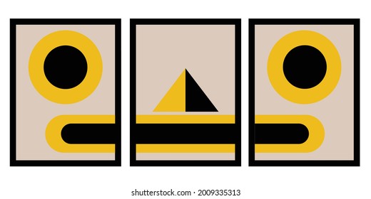 Set of smile face Abstract Geometric Wall Art. Mid Century Illustration in Minimal Style for house Decoration Background. Shape Art Set of soft color painting in boho style. poster template layouts.