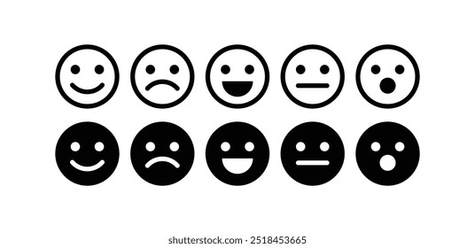 set of smile face cartoon icon vector design black white outline and black fill illustration isolated