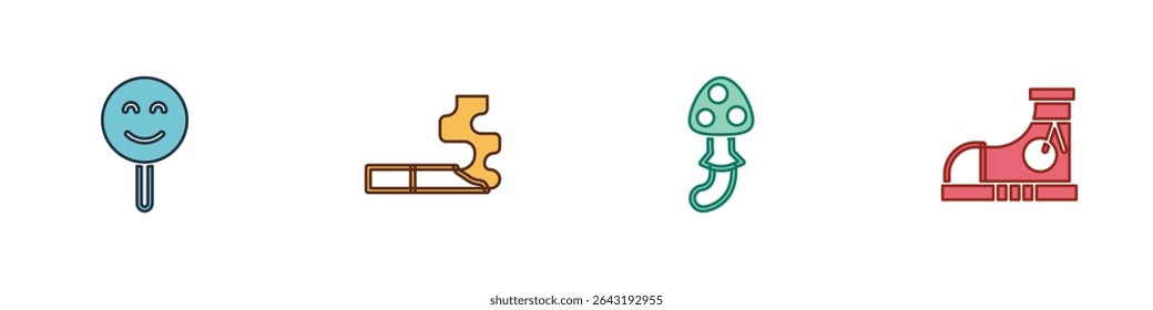 Set Smile face, Cigarette, Psilocybin mushroom and Sneakers icon. Vector
