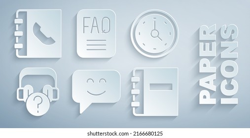 Fijar cara sonriente, reloj, auriculares con pregunta, portátil, información de preguntas frecuentes e icono de teléfono. Vector