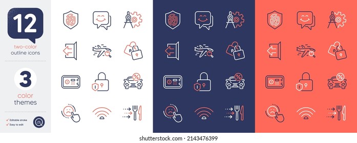 Set of Smile face, Cogwheel dividers and Lock line icons. Include Wifi, Fingerprint, Car leasing icons. Locks, Dislike, Search flight web elements. Safe box, Sign out, Food delivery. Chat. Vector