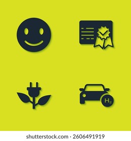 Set Smile face, Hydrogen car, Electric saving plug in leaf and Certificate template icon. Vector