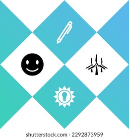 Set Smile face, Solar energy panel, Pen and Wind turbines icon. Vector