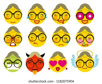 Set smile grandmother icon emotion joy, love, anger, sickness, sadness. Vector illustration