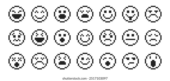 Conjunto de iconos de sonrisa. Pack de iconos emoji pixelados. Emoticonos pixel art. Ilustración vectorial retro de 8 bits.